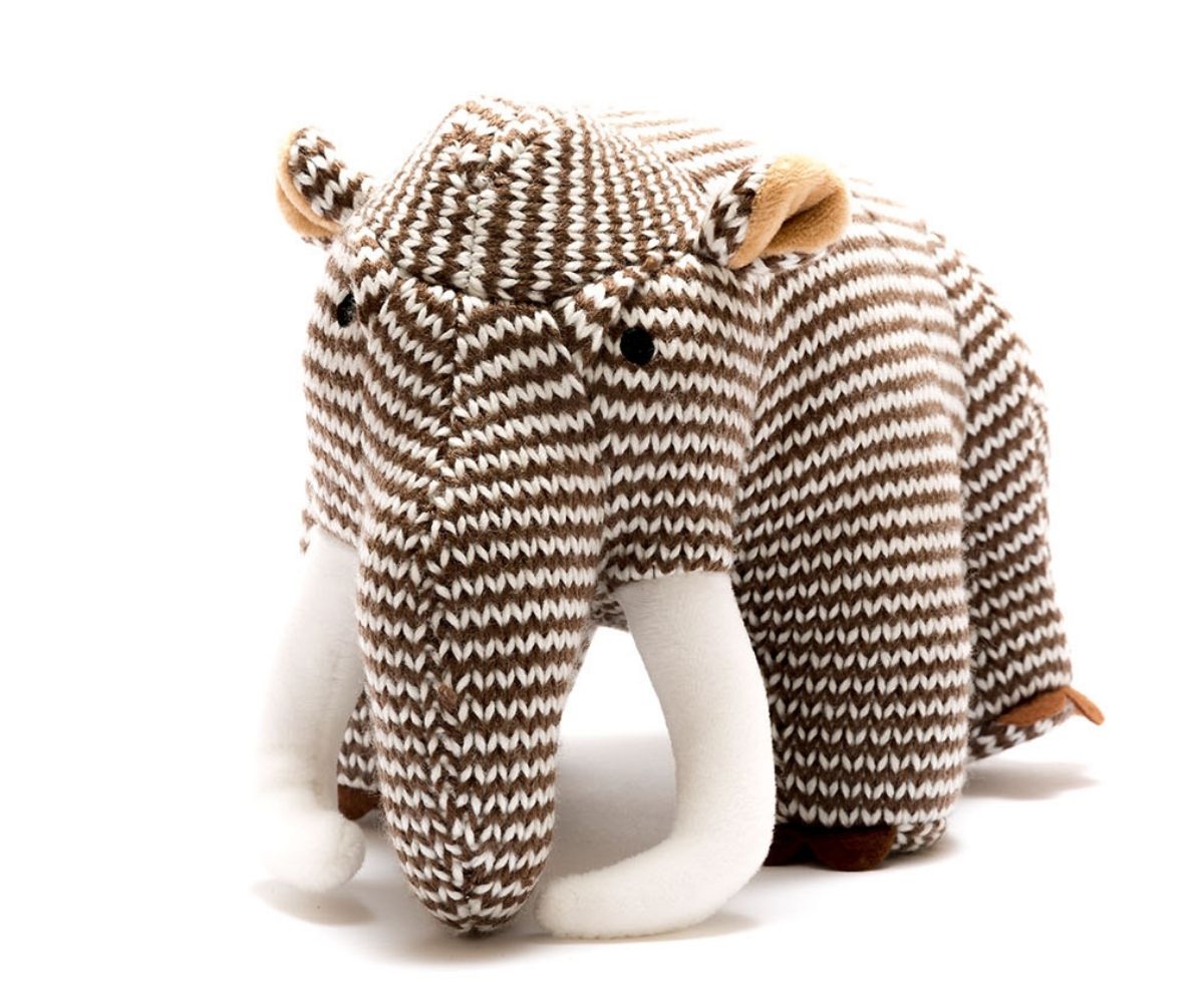 knitted brown woolly mammoth dinosaur toy suitable from birth